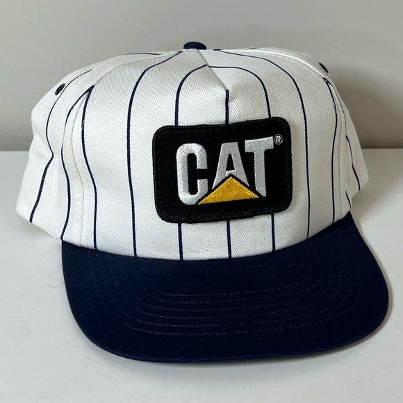 Rare Vintage CAT Caterpillar White Stripe Hat Front Embroidered KC Cap - Picture 1 of 5